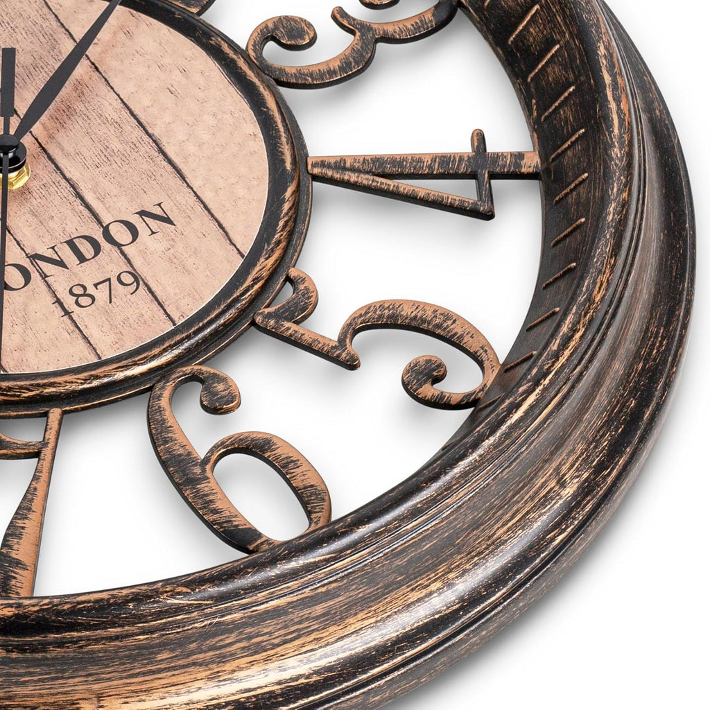 Bernhard Products Large Wall Clock 16 Inch Non Ticking Battery Operated Brown Rustic Farmhouse Vintage Design Stylish