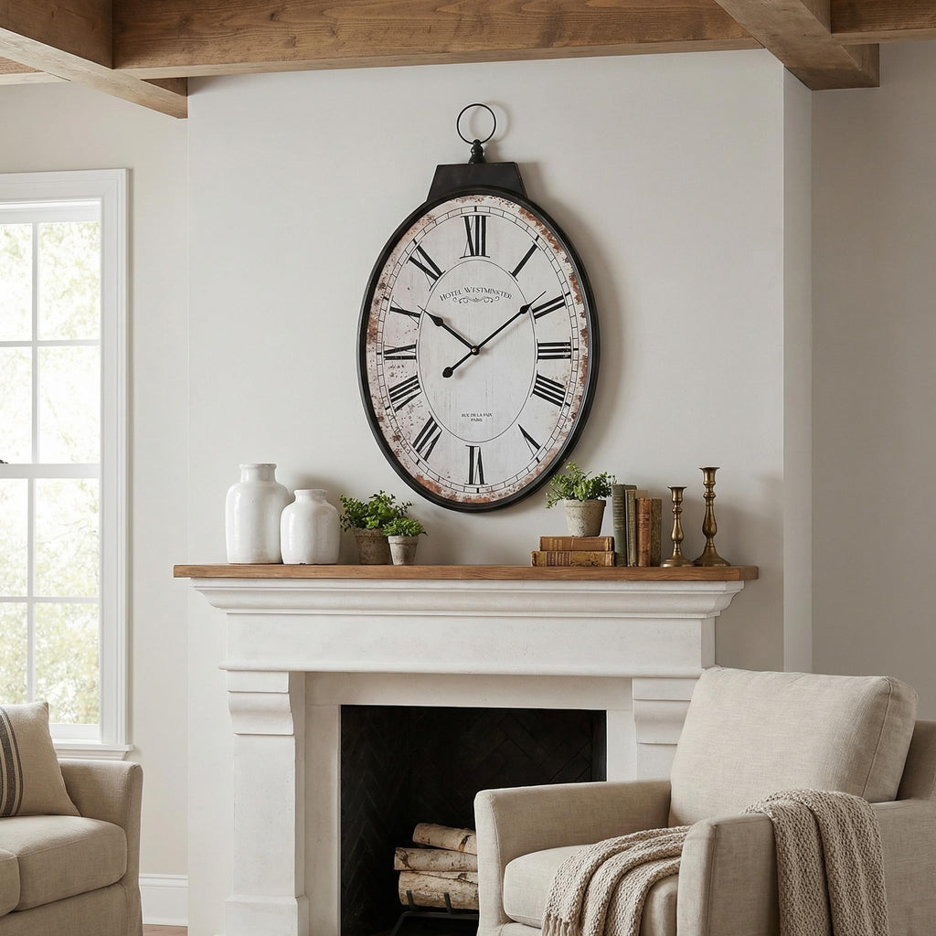 Large Oval Wall Clock 25 Inch, Antique Distressed White Decorative Clock with Metal Frame & Arabic Numerals, Vintage