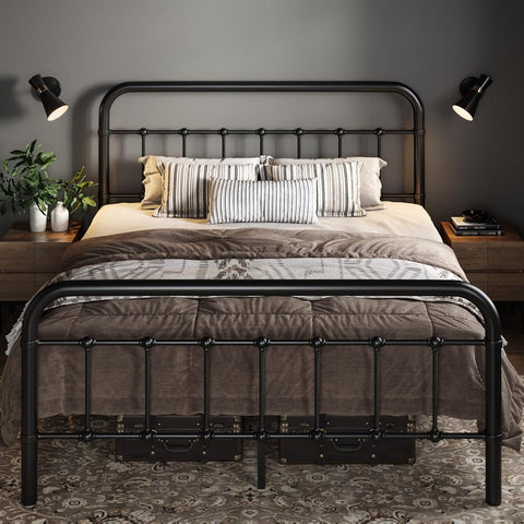 Full Metal Platform Bed Frame with Victorian Style Wrought Iron-Art Headboard/Footboard, No Box Spring Required, Black