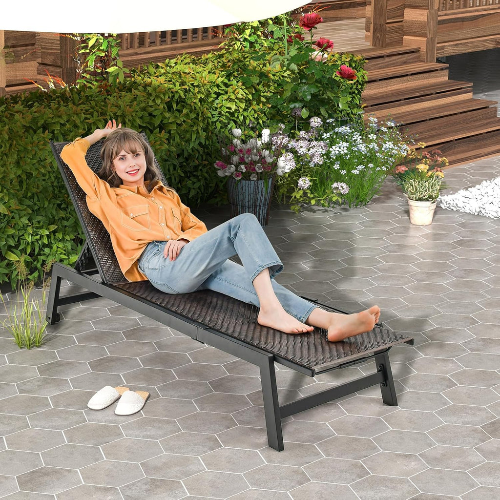 Patio Chaise Lounge Chair - Outdoor PE Rattan Recliner Chair with Wheels, 5-Position Adjustable Backrest, Steel Frame