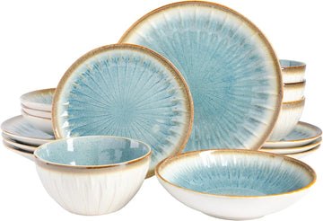 Mayfair Bay 16-Piece Embossed Double Bowl Dinnerware Set, Service for 4 - Blue Stoneware Plates and Bowls