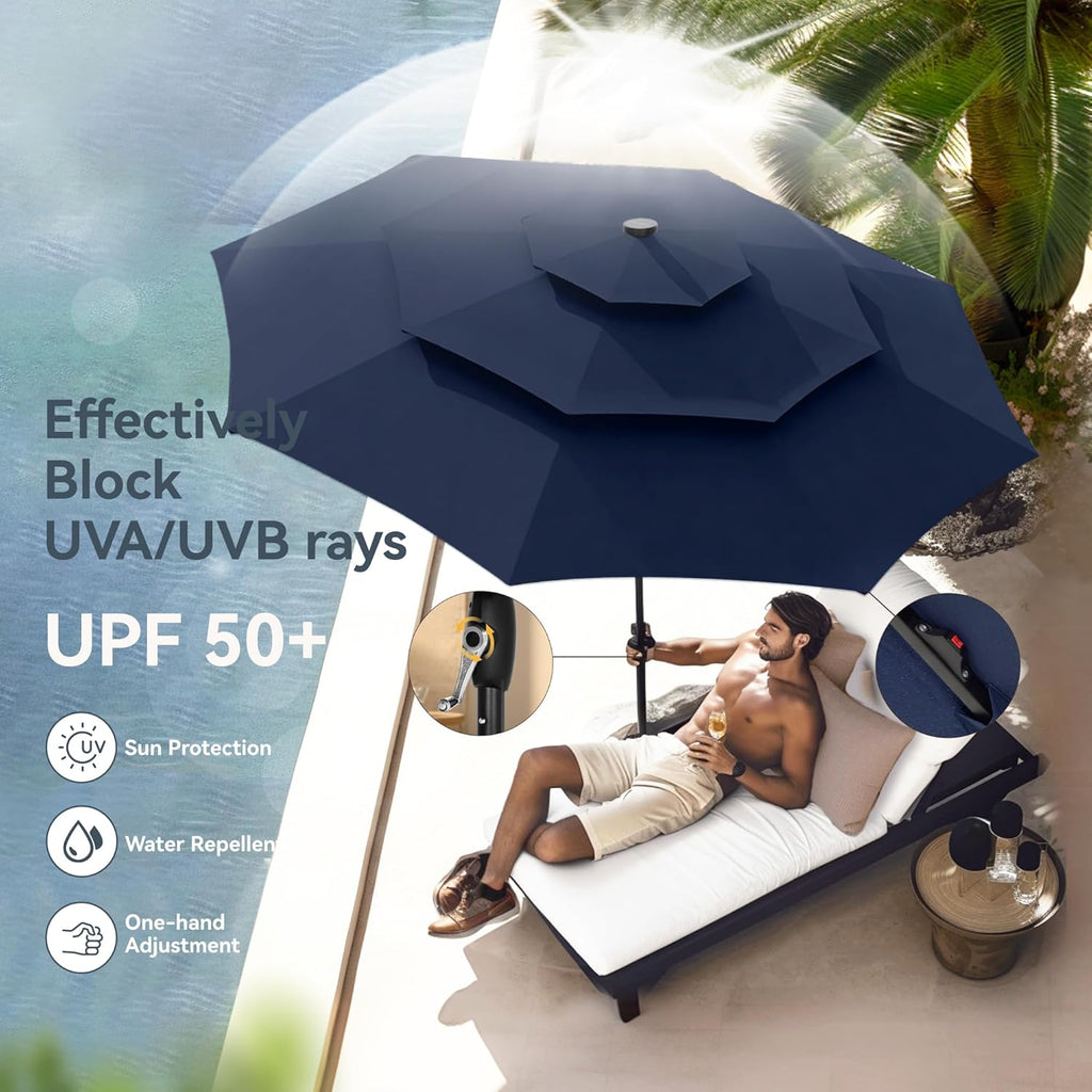 10ft Patio Umbrella with Light, Outdoor Large Auto-Tilt 3 Tier Market Table Umbrellas with 8 Sturdy Ribs and 1.5" Pole