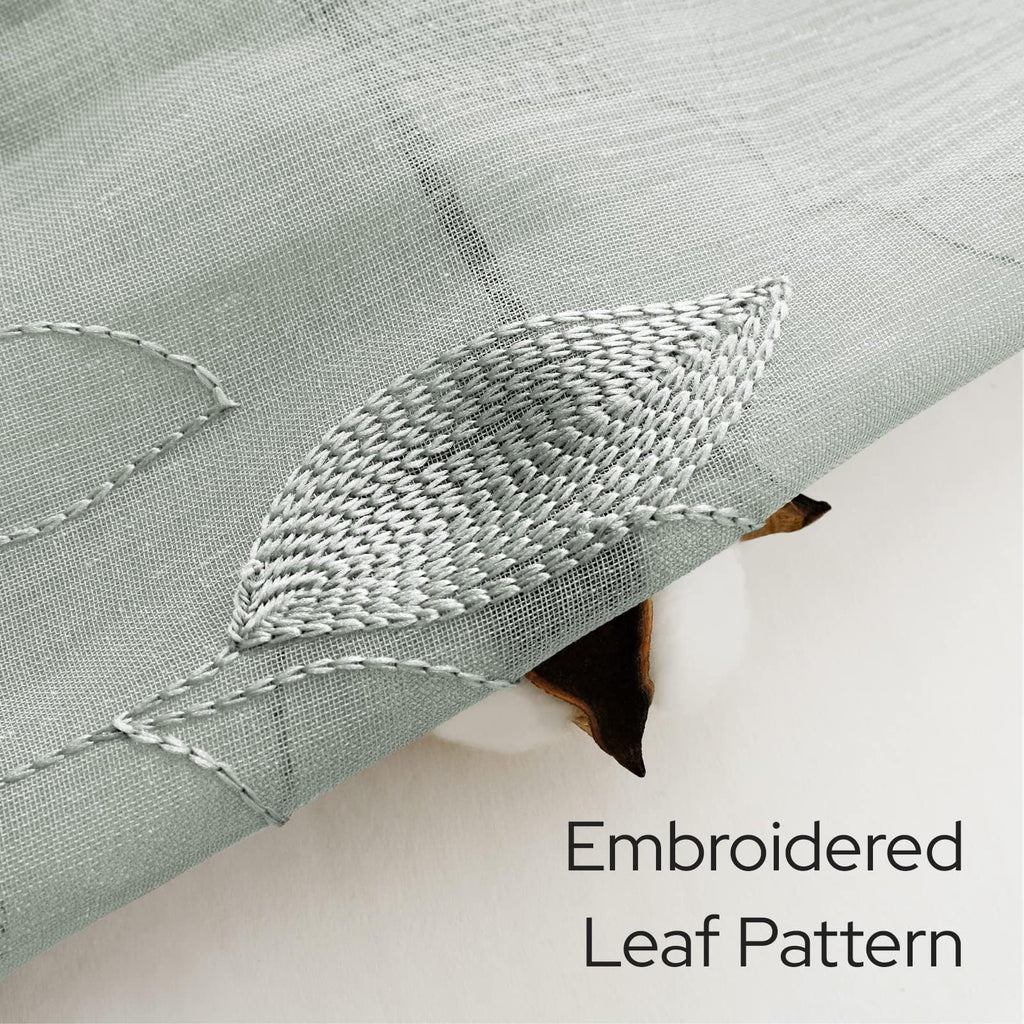 Sage Green Kitchen Curtains Leaf Embroidered, 52x54, 2 Panel