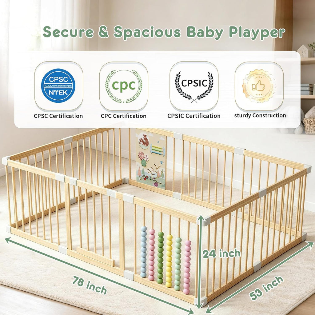 Wooden Baby Playpen, Indoor Play Yard for Toddlers, Stable Fixed 78"x53" | Play Pen for Babies and Toddlers Kids