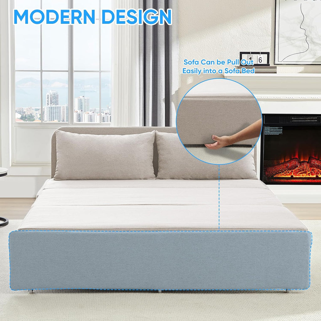 64" Queen Pull Out Sofa Bed, Linen Convertible Couch Bed with Tri-Fold Hidden Mattress, No-Tool Assembly, Space