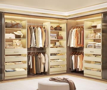 Closet System with 12 Drawers, 8.5-11.5Ft Wood Closet Organizer System with 4 Hanging Rods & 3 Towers, 4Ft & 6Ft
