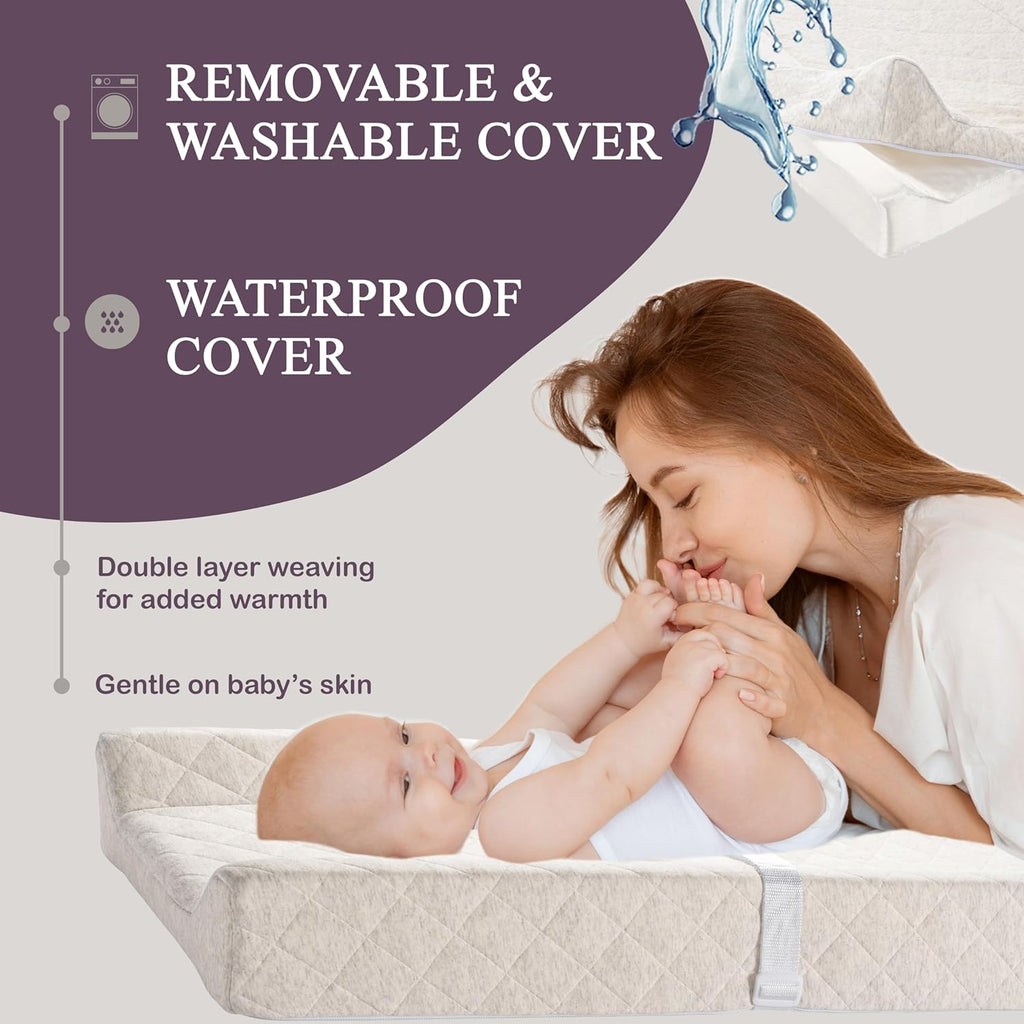 Organic Cotton Covered Contoured Baby Changing Pad | Waterproof Foam Mattress, Soft, Removable & Washable Cover