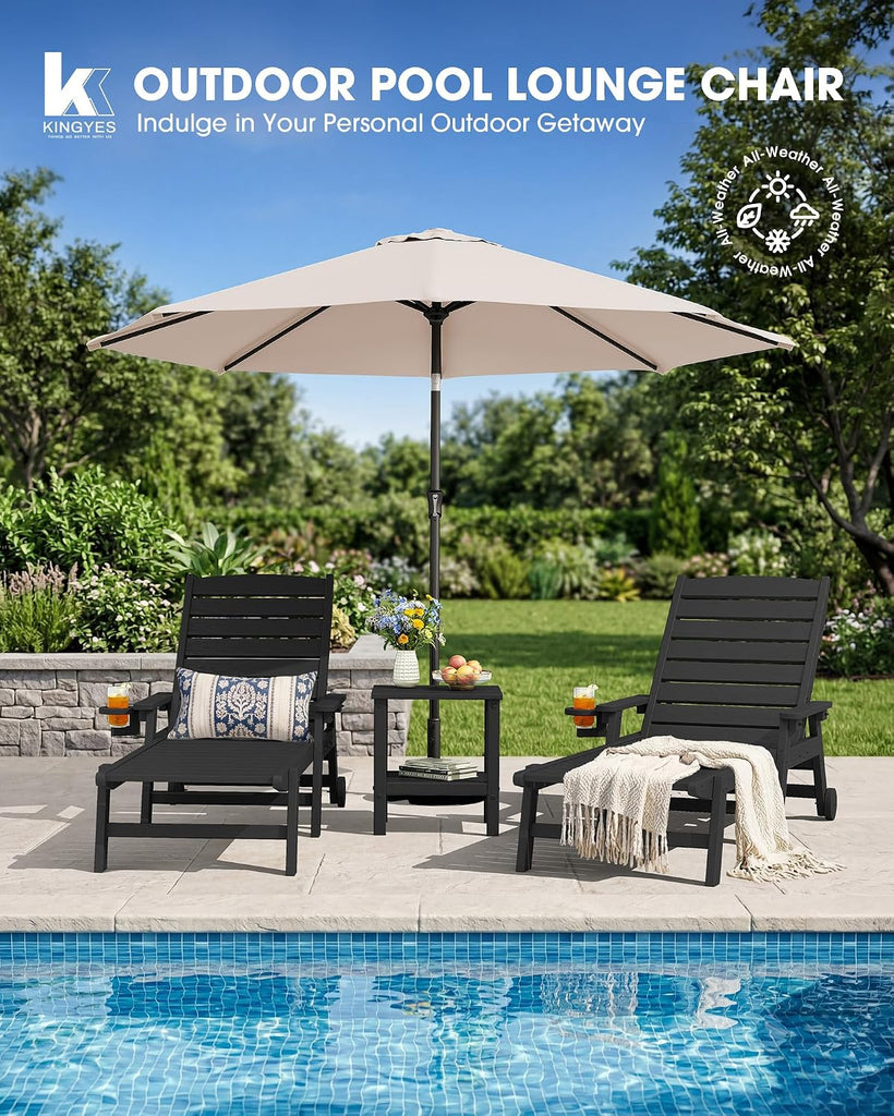HDPE Lounge Chair Outdoor Set of 2, All Weather Pool Lounger | 5 Position Adjustable Backrest Patio Chaise Lounge