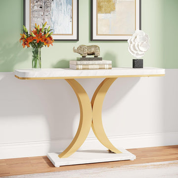 Modern Gold Console Table, 40 inch Narrow Entryway Foyer Table with Geometric Base, Rustic Hallway Accent Table