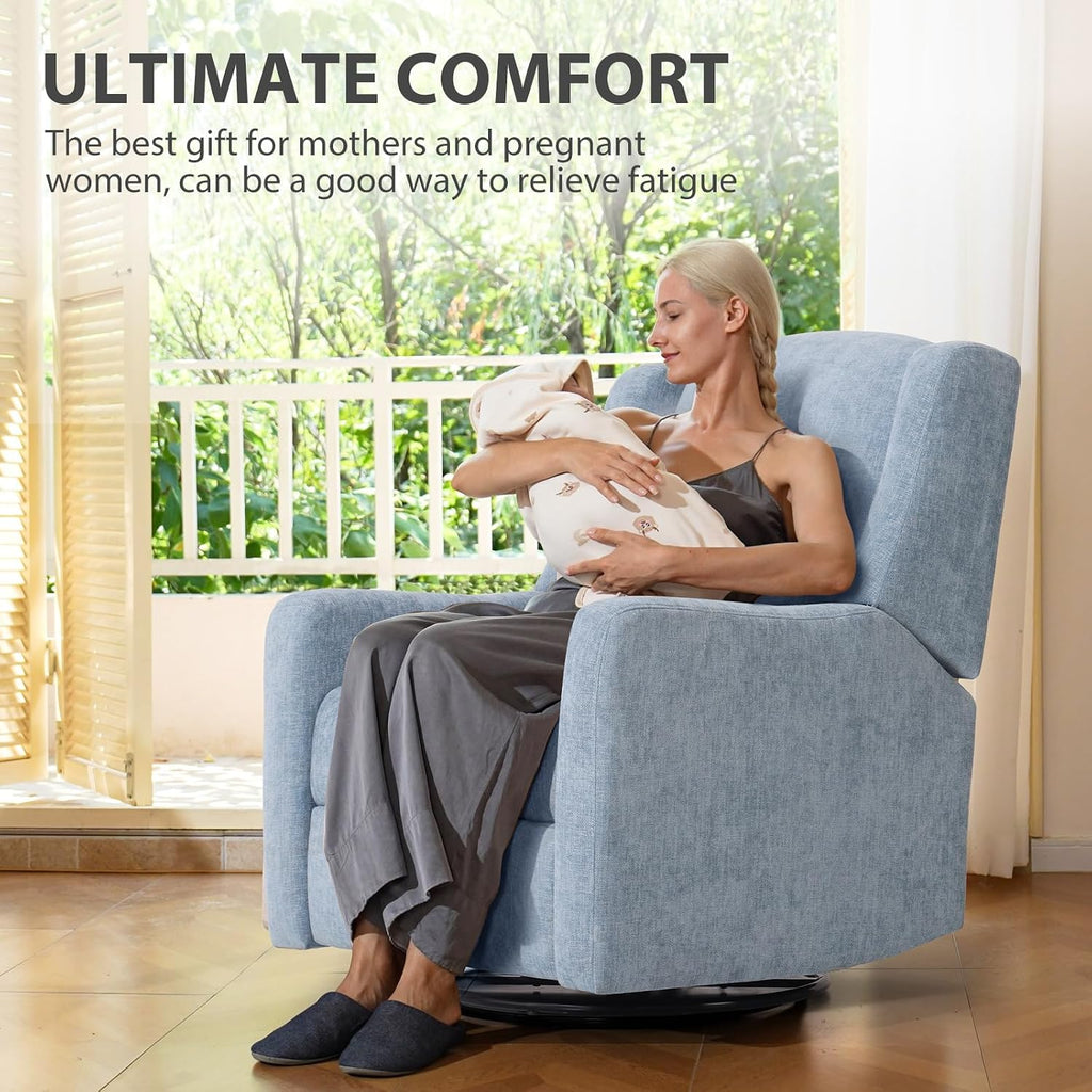 Large Power Recliner Chair Swivel Glider with Ottoman, Blue | Chenille Nursery Glider with USB Charging Port & Lumbar