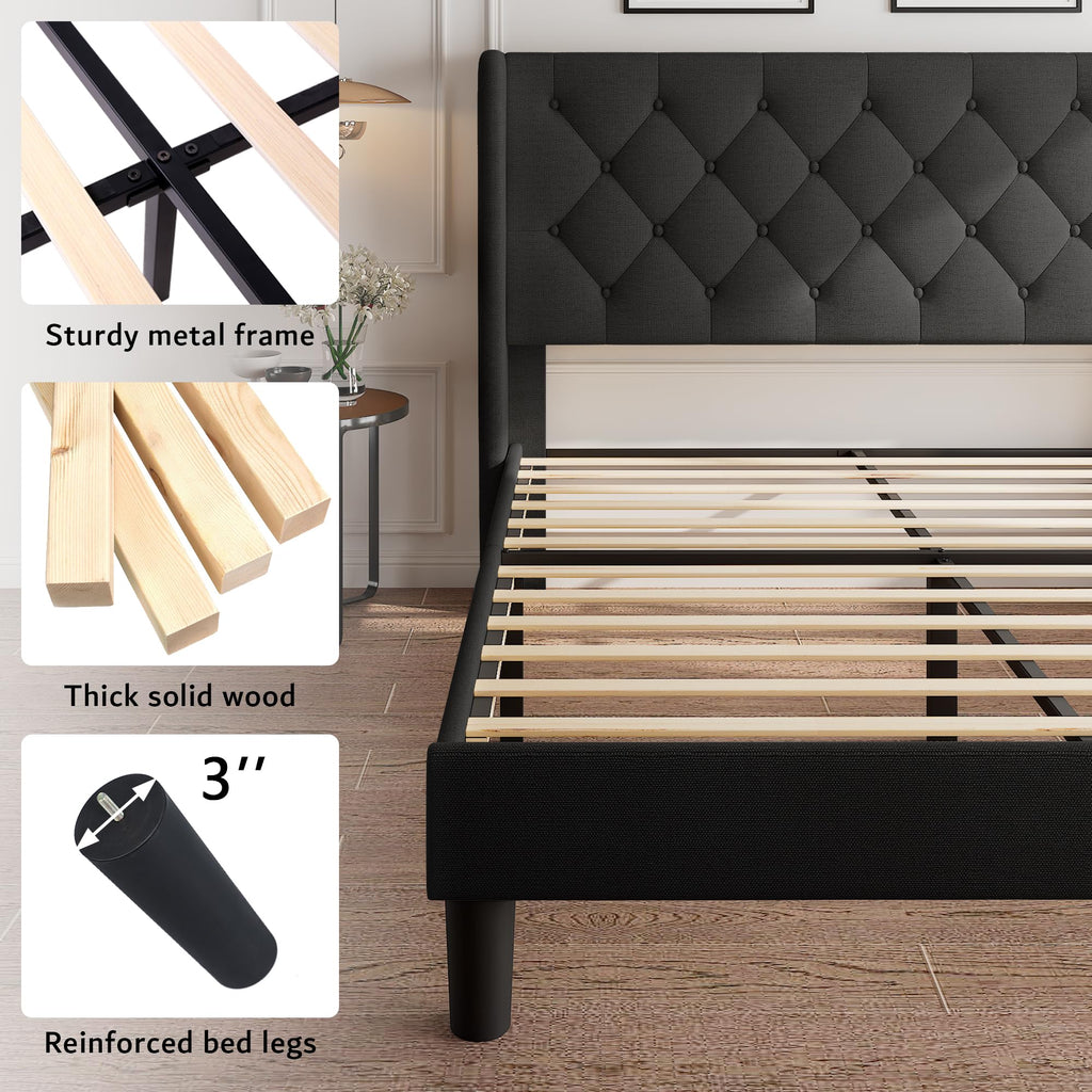King Size Platform Bed Frame with Button Tufted Headboard, Upholstered Bed Frame with Solid Wooden Slats, 8" Underbed