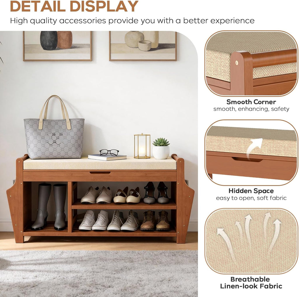 47.2in Shoe Bench Entryway - Bamboo Shoe Rack Bench with Storage, Shoe Rack Organizer with Cushion, 2 Side Holder