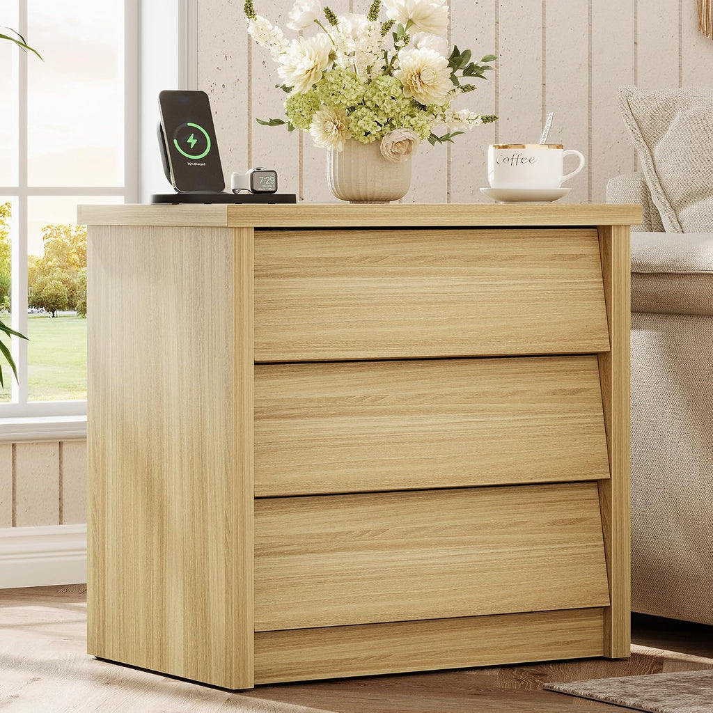 23" Wide Nightstand Set of 2 with Charger Station, Modern Night Stand with 3 Drawers, Wood End Table with USB Ports