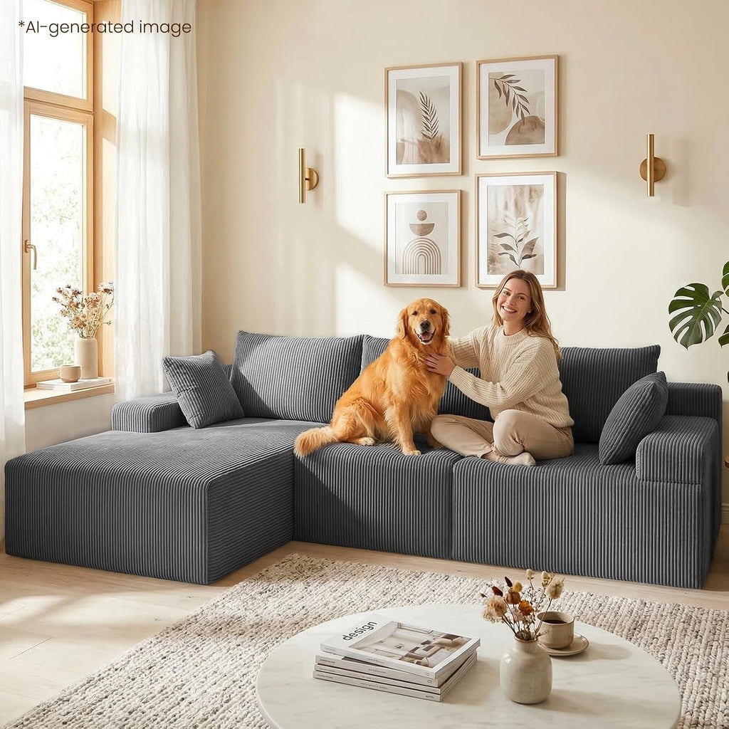 108" Boneless Sectional Couch,Corduroy Cloud Couch Sectional ,Modern L Shaped Modular Sectional Couch,3 Seater Sofa