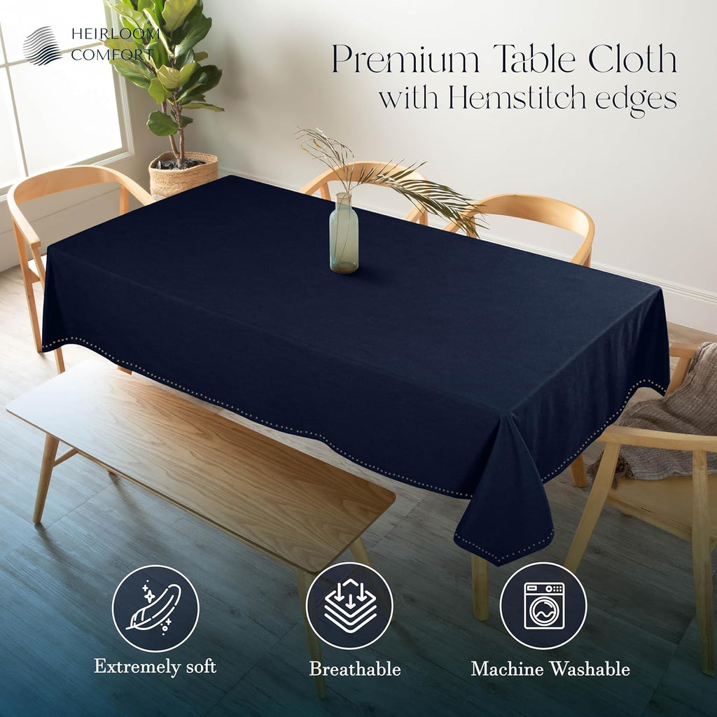 Navy Blue Table Cover, 100% Cotton Tablecloth 60x84 Inch, Fits 6-8 Seats, Soft, Durable, Washable, W