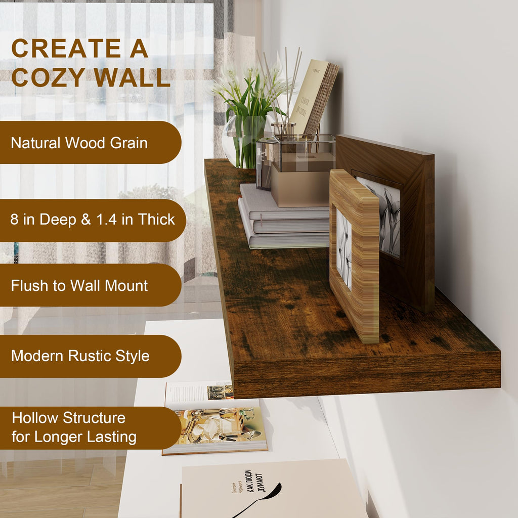 Floating Shelves, 8 Inch Deep Floating Shelves, Rustic Wood Fireplace Mantel 48 in Long, 48 x 8 Floating Wall Shelves