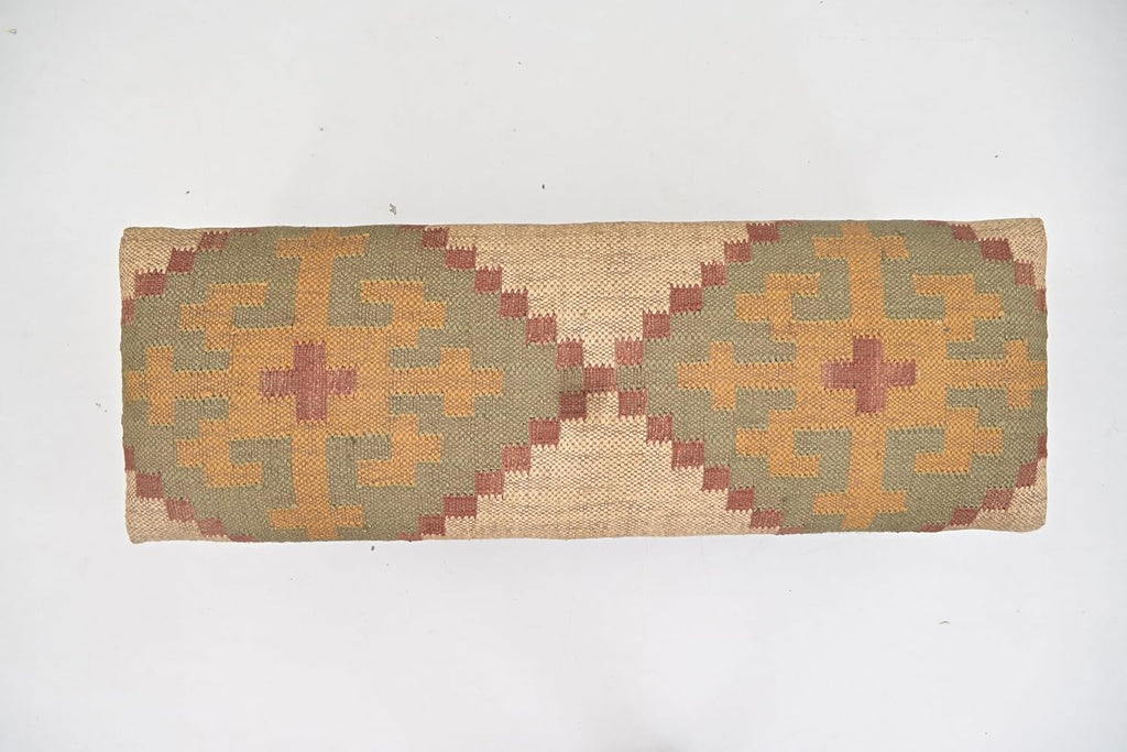 Acacia Wood Kilim Pattern Jute Fabric Decorative Upholstered Bench | Wooden Ottoman with Turned KD Legs , End of Bed