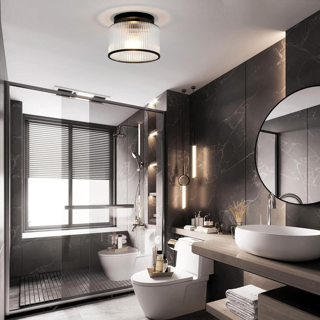 Glass Ceiling Light, Clear Ribbed Glass Ceiling Light Fixture with Black Metal Frame, Modern Semi Flush Mount Ceiling