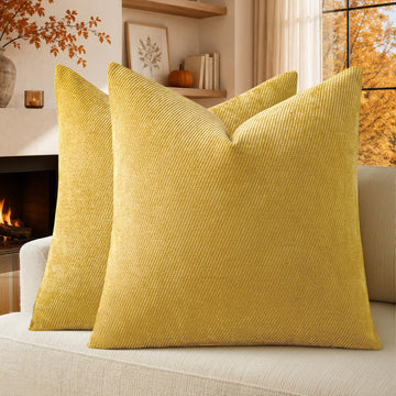 Fall Decorative Throw Pillow Covers Pack of 2, 20x20 Inch Mustard Yellow