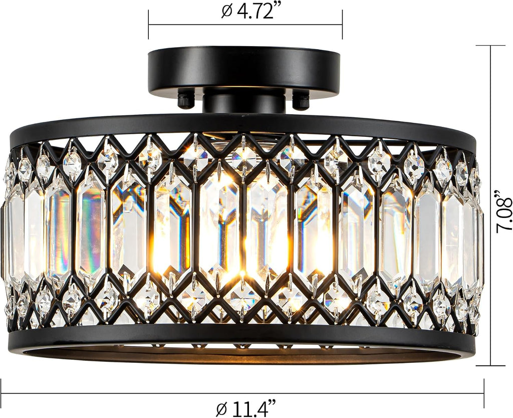 Crystal Black Ceiling Light, Modern Semi Flush Mount Ceiling Light Fixture, Round Small Chandelier Entryway Bathroom