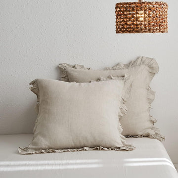 100% Linen Euro Sham Covers with Ruffle, 26x26 Inch Pillow Covers Set of 2, Euro Pillow Shams, Natural Linen