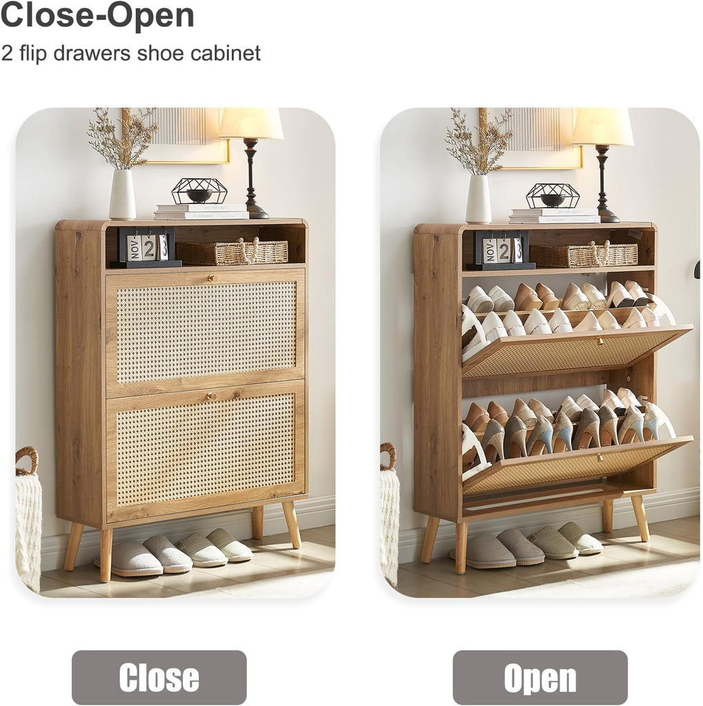 Rattan Shoe Cabinet with 2 Flip Drawers, 16 Pairs Narrow Shoe Storage Cabinet Freestanding Hidden Shoe Rack, Modern