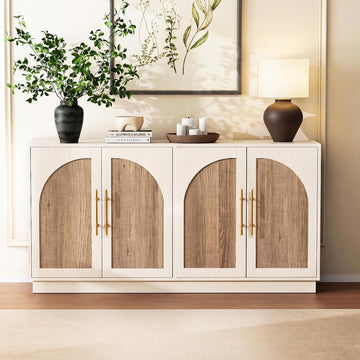 62'' Mid Century Modern Buffet Cabinet with Arch Doors, White and Natural | Adjustable Shelves, Gold Metal Handle