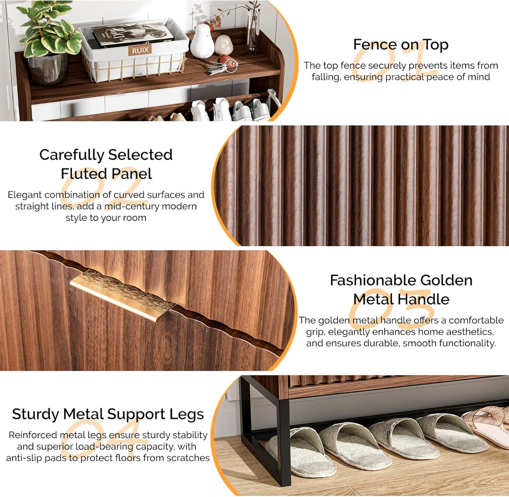 Fluted Shoe Cabinet Storage ,Hidden Shoes Storage Cabinet with 2 Flip Drawers, Mid Century Modern Shoe Rack