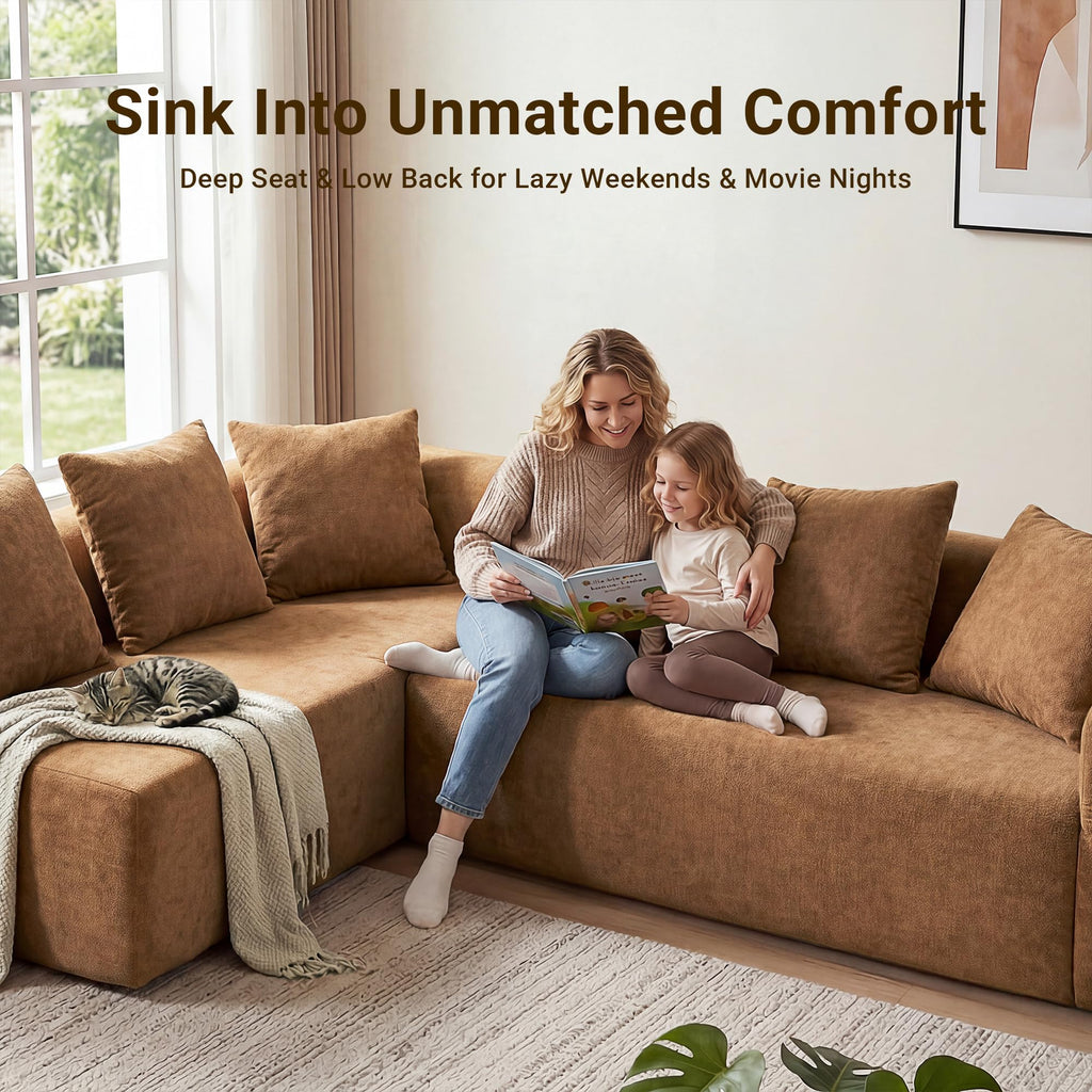 106" Cloud Boneless Couch, Right Chaise Sofa, Brown