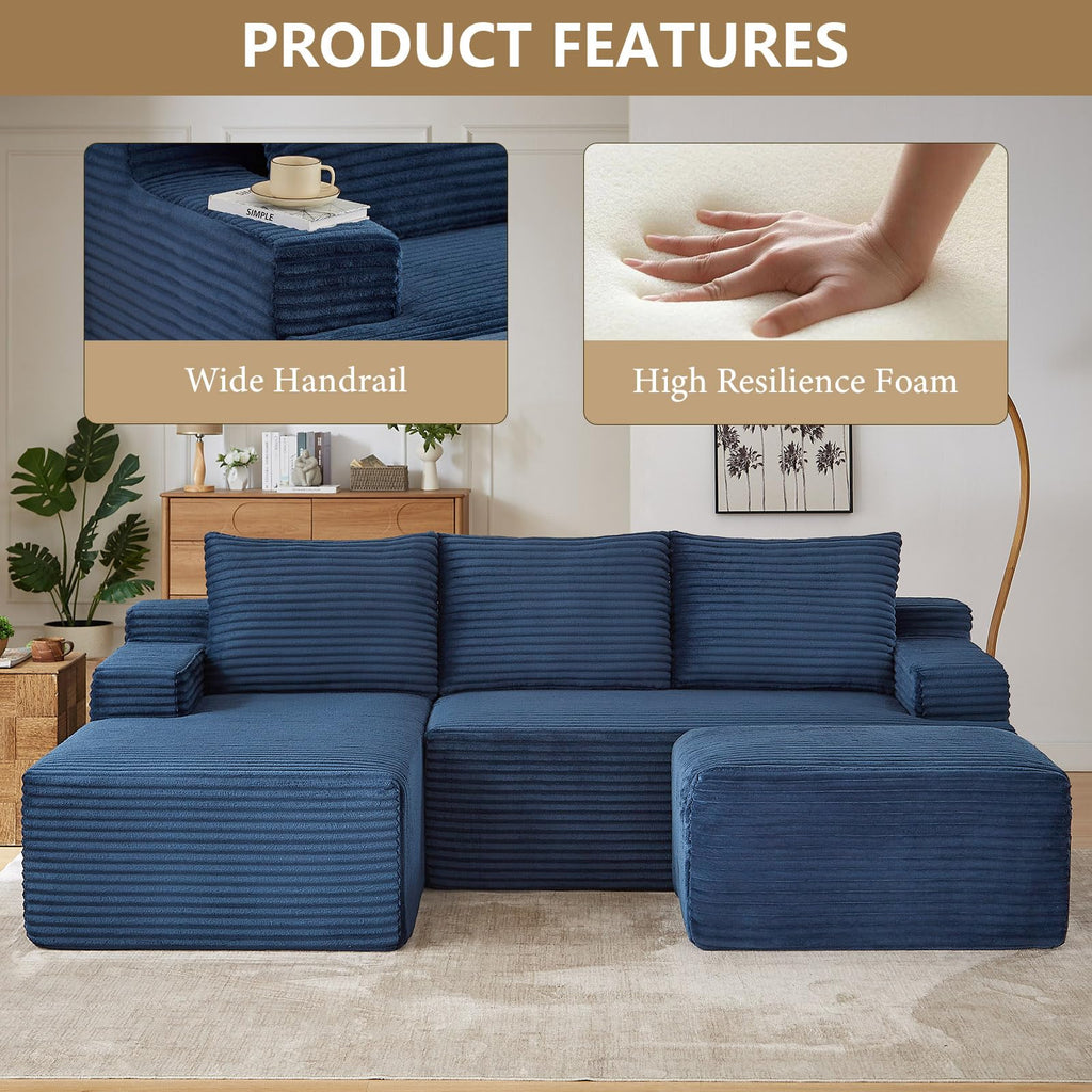 96" Cloud Sectional Couch with U-Shaped Chaise, Corduroy Sectional Sofa with Ottoman, Deep Seat Boneless Couch, No