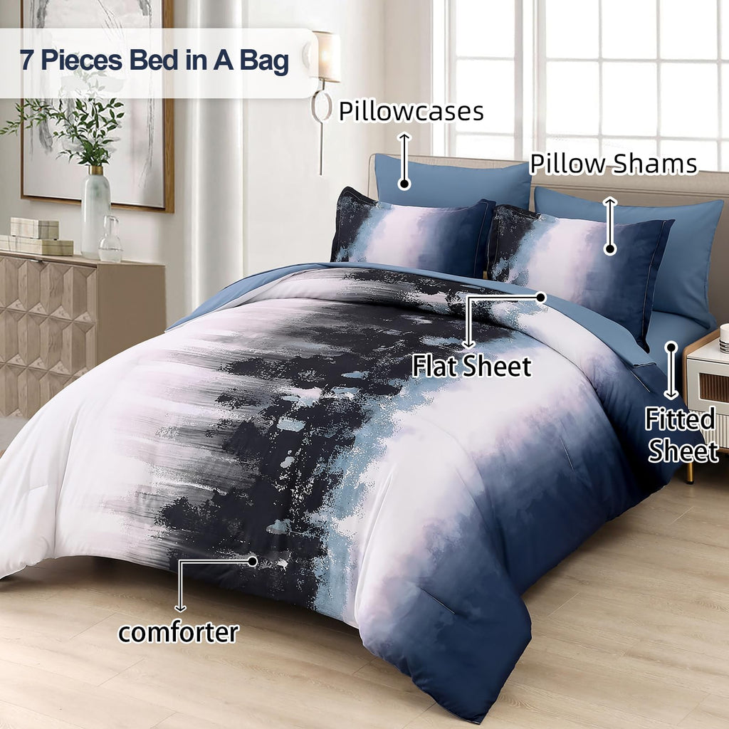 Ombre Blue Comforter Set Queen Size Gradient Navy Blue Black Boho Bedding Set for Teen Men Women 7 Pieces Bed in A