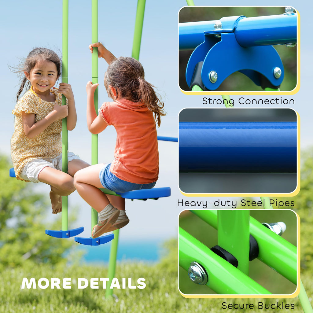 Metal Swing Set with Glider Two S Seats Adjustable Height Green