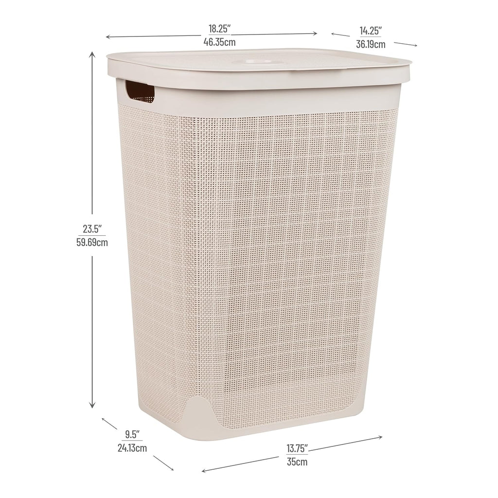 60L Slim Laundry Hamper, Clothes Basket, Lid, Linen Design, Plastic, Ivory