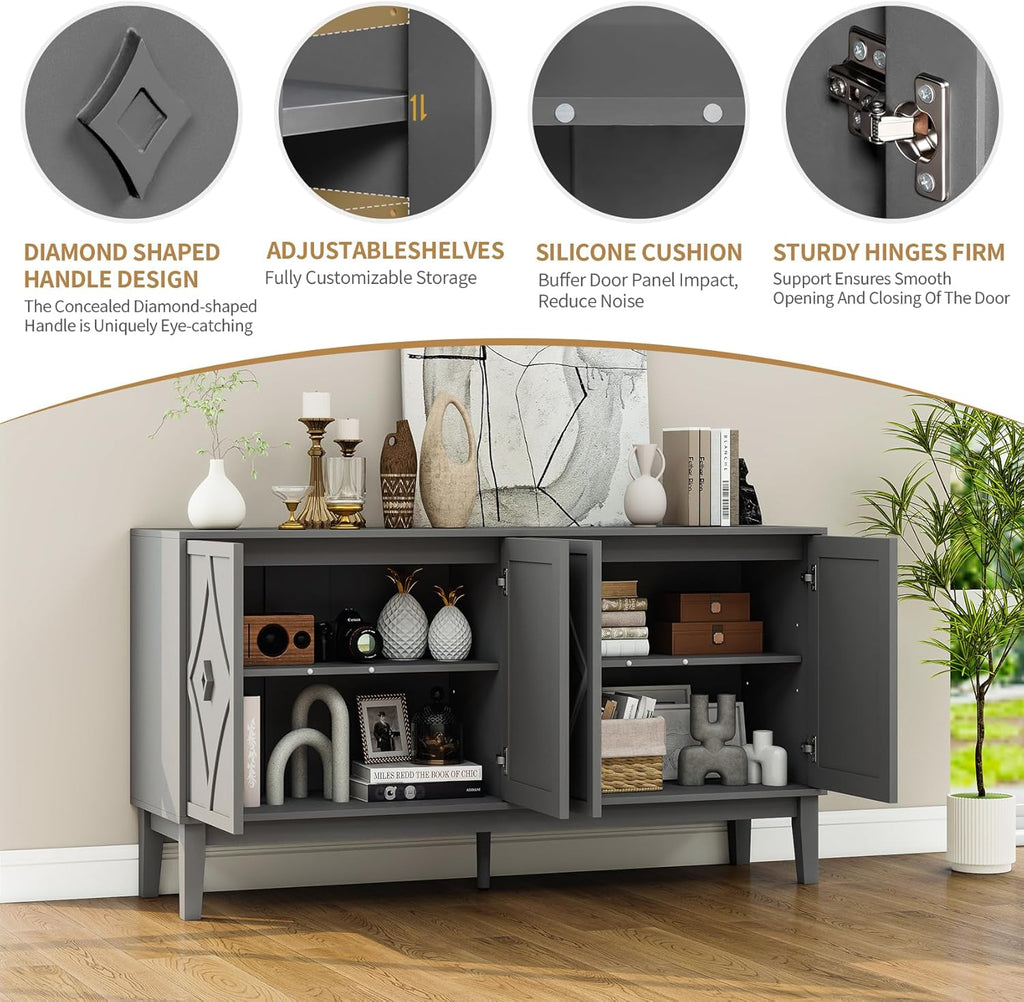 59" Sideboard Buffet Cabinet with Storage, Vintage Accent Cabinet with Diamond Handle and Adjustable Shelf