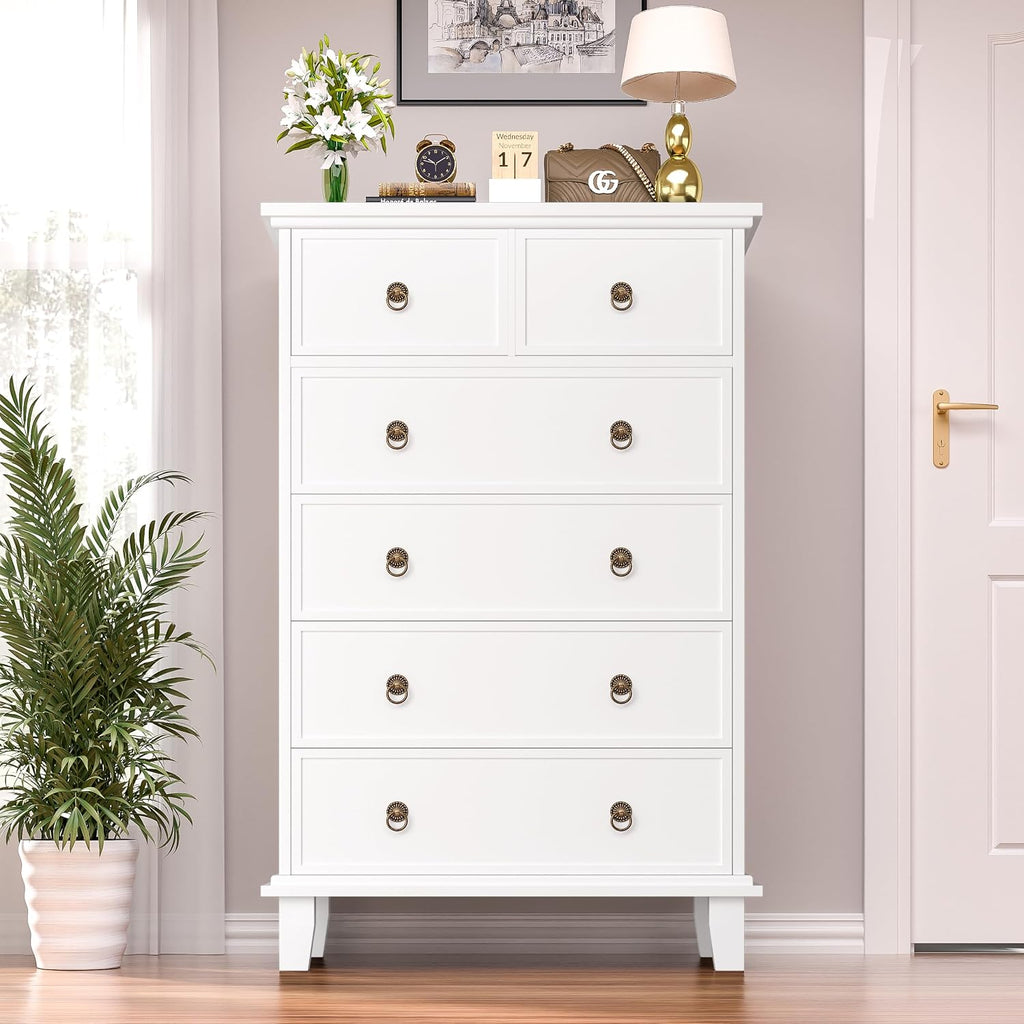 6 Drawer Tall Dresser , White Large Chest of Drawers, Modern Farmhouse 6 Drawers Storage Dresser