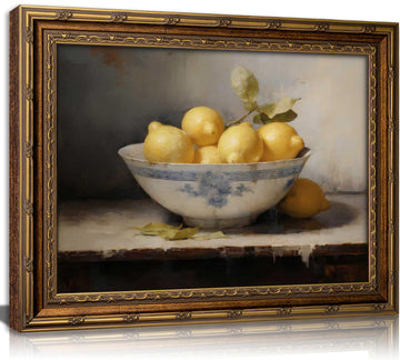 Vintage Gold Framed Kitchen Wall Art Retro Rustic Farmhouse Painting Canvas Picture Wall Decor Yellow Lemon Still