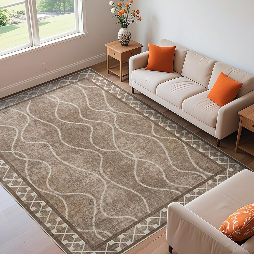 4x6 Area Rugs for Bedroom Living Room, Machine Washable Low Pile Rugs, Non Slip Modern Bordered Print Indoor Carpet