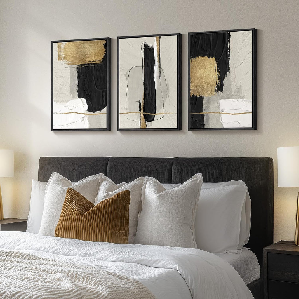 Large Framed Black and White Abstract Wall Art, 3 Piece - Set of 3
