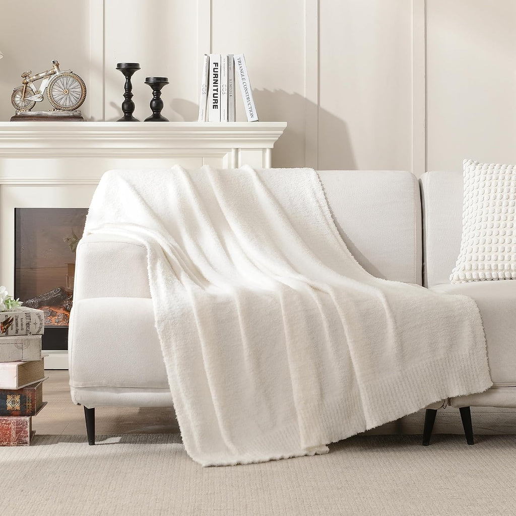 Cream Throw Blanket, Super Soft Knit Blankets, Cozy Fleece Fuzzy Fluffy Plush Chenille Throws Blanket, Cream, 60 x 80