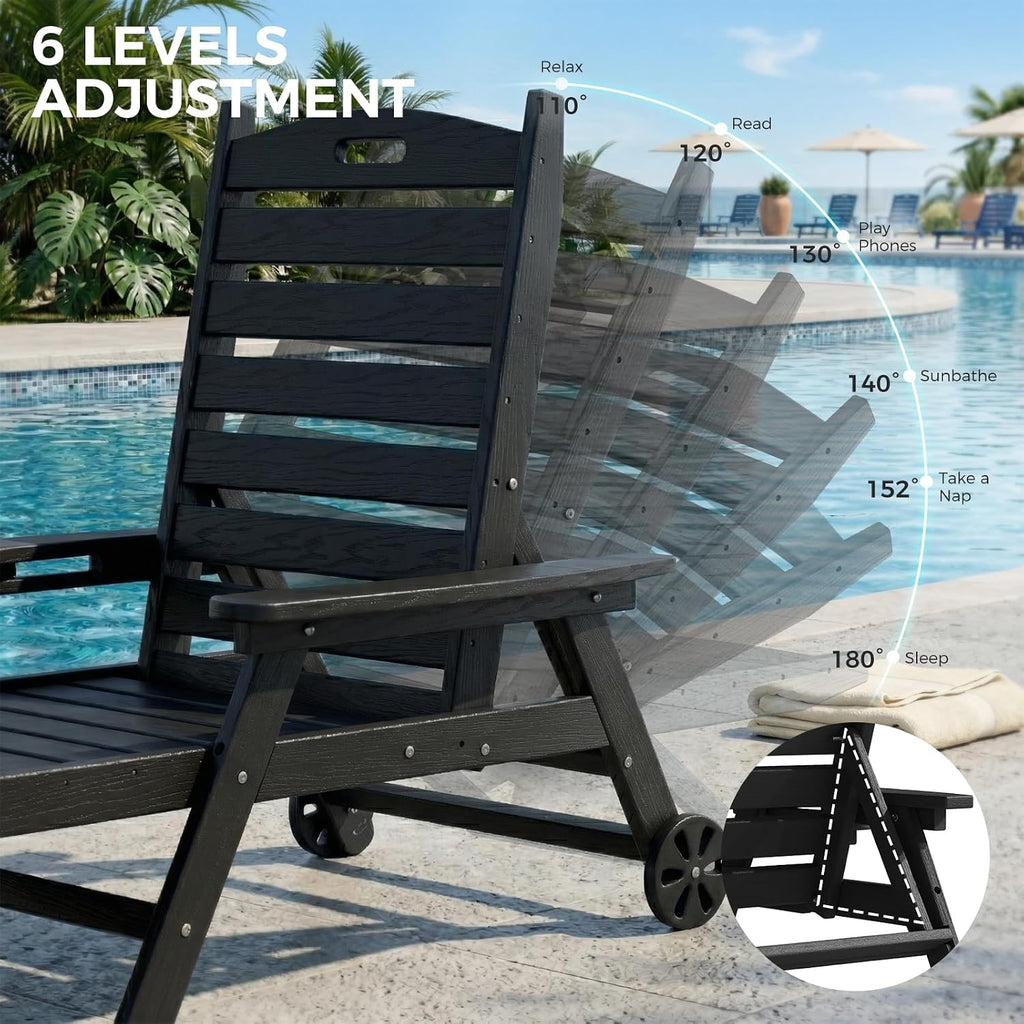 HDPE Pool Lounge Chairs Set of 2 with Wheels & Cup Holder, 6-Position Adjustable Outdoor Lounge Chair, Easy 20-Min