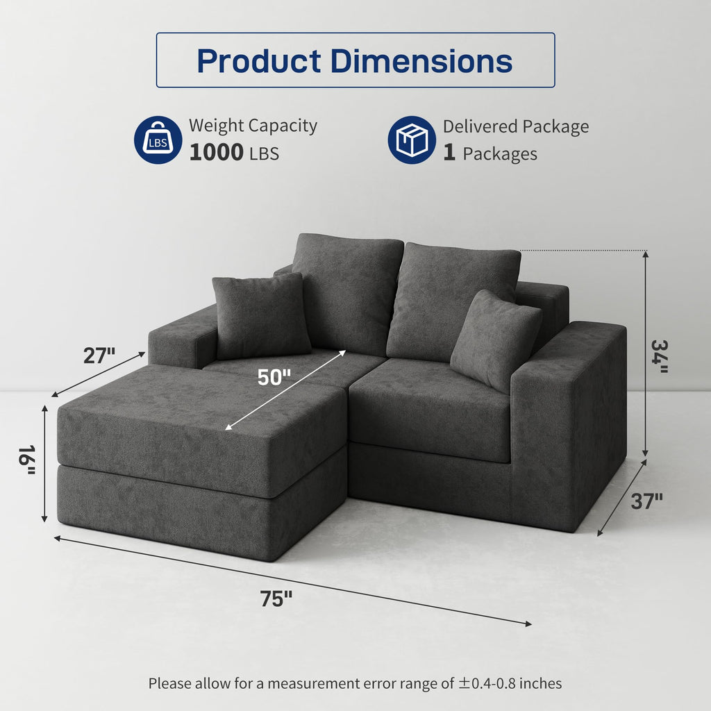 Cloud Modular Sectional Sofa, Comfy Boneless Couch, Modern L-Shaped Couch with Reversible Chaise, Customizable