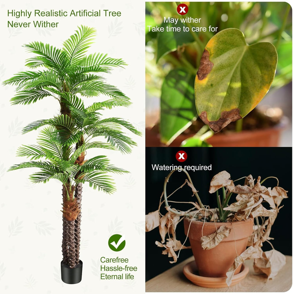 8.5ft Tall Artificial Palm Tree for Outdoors - Triple Phoenix Palm, UV Resistant, Large Fake Silk Palm Tree - Perfect