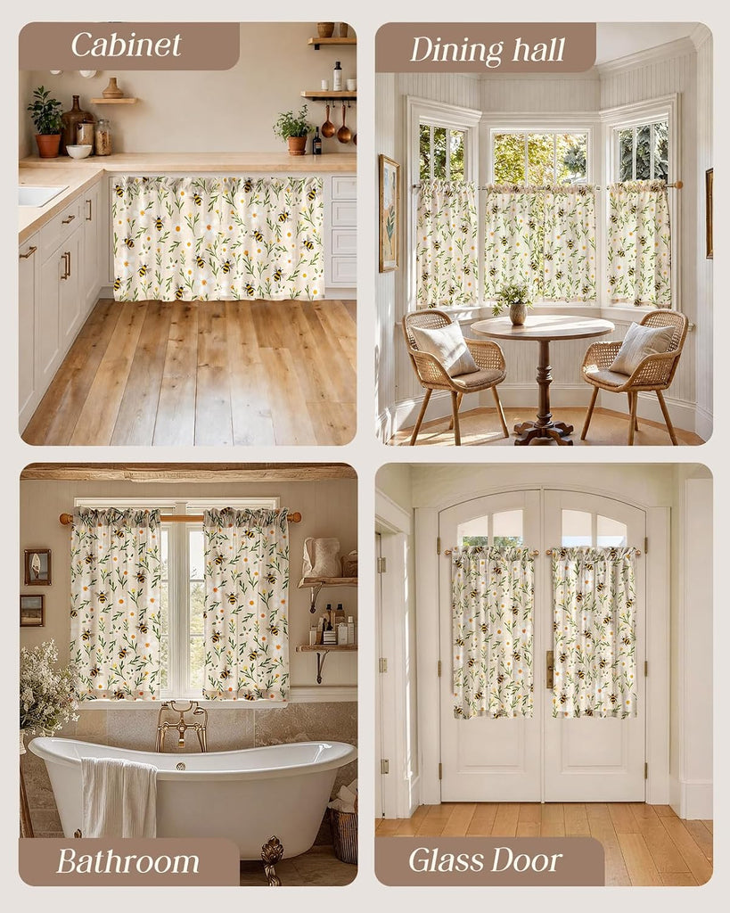 Bee Kitchen Tier Curtains - Linen Blend Country Cafe Curtains Farmhouse Small Window Treatments Over