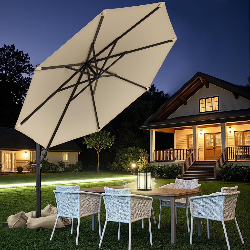 10FT Outdoor Patio Umbrella with High Pedel and 4 Gear Heights, Large Offset Market Umbrella with 360-degree Rotation