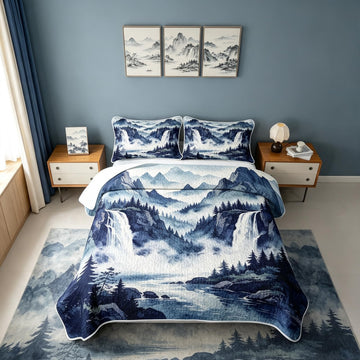 Navy Blue Ink Wash Mountain Waterfall Quilt Quilted Blanket - Rustic Woodland Pine Forest Cabin Lodge