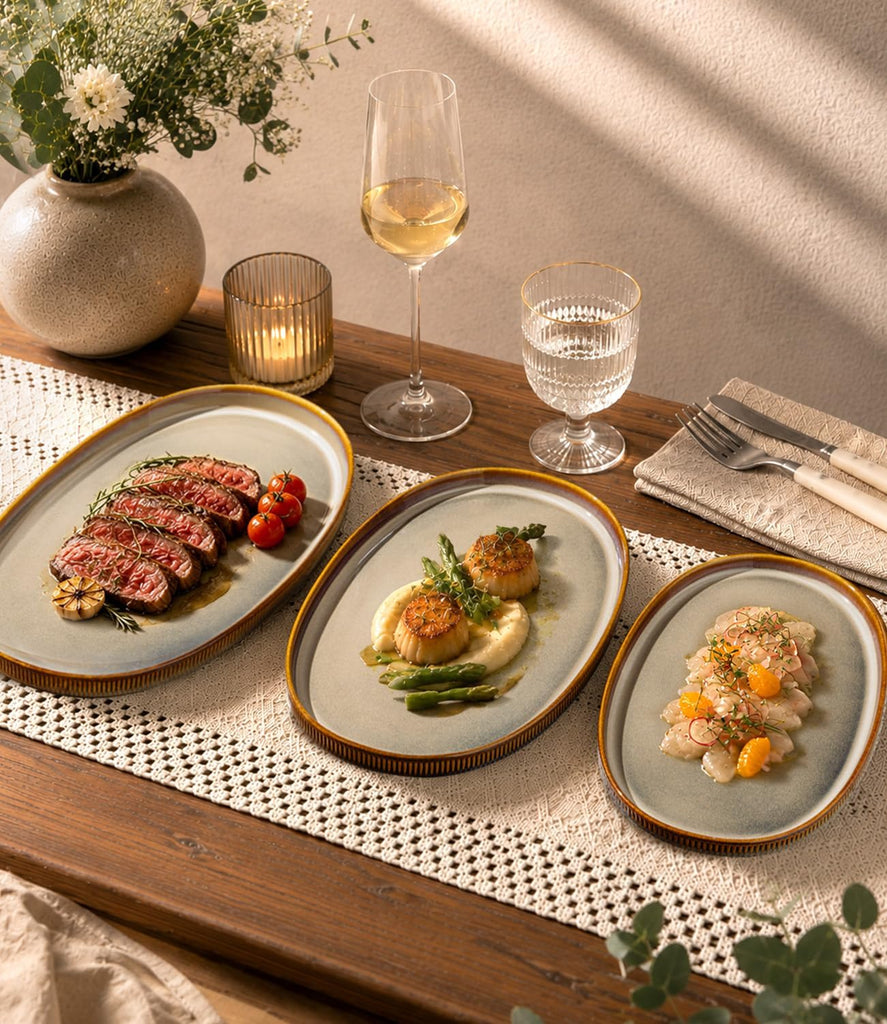 Ceramic Serving Platter Set of 3, Oval Serving Plates and Dishes | 15.6"/14.4"/12.2", Oven & Microwave & Dishwasher