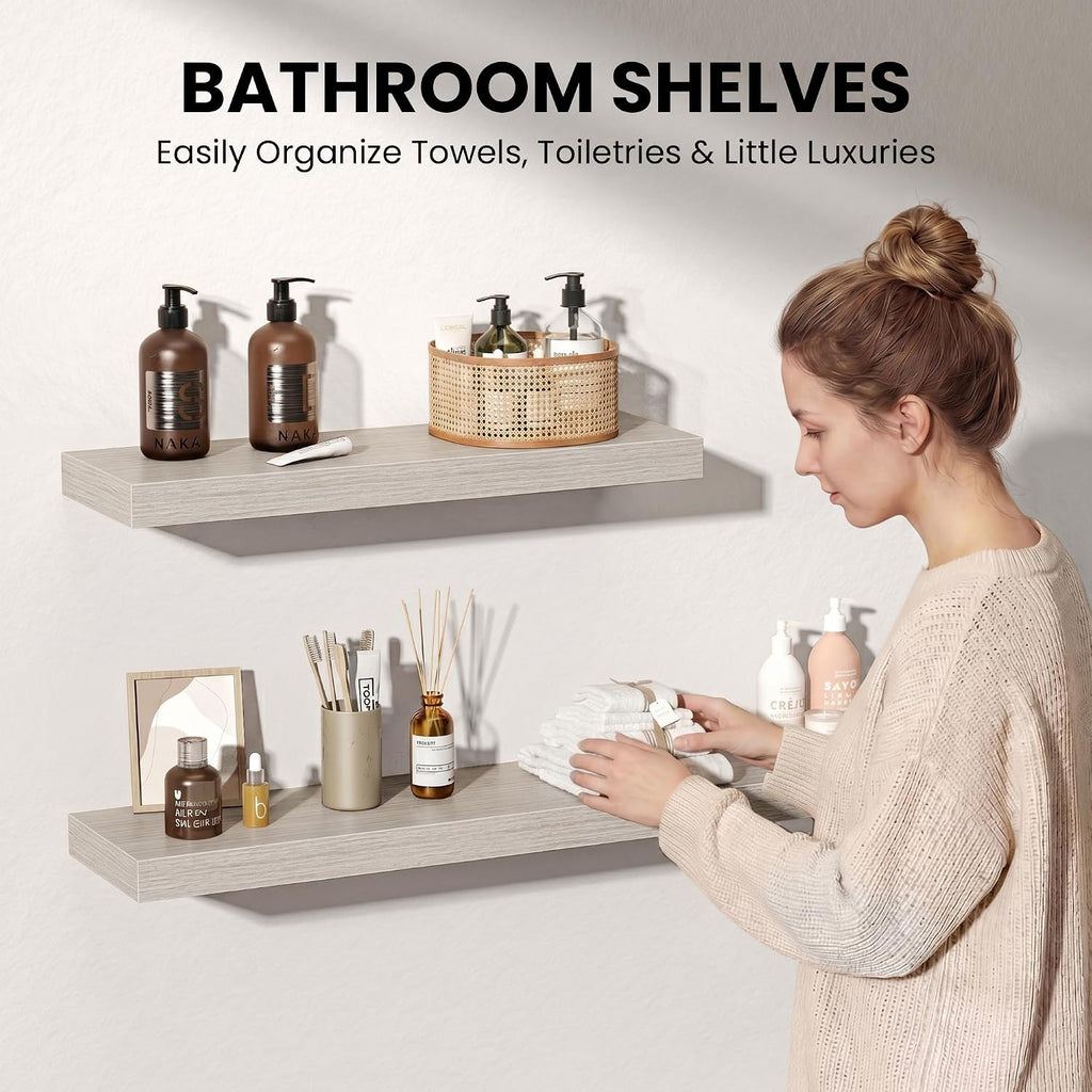 24" Floating Shelves for Wall, Set of 3, 8" Deep, 1.5" Thick, Gray | Rustic Wood Wall Shelves with Invisible