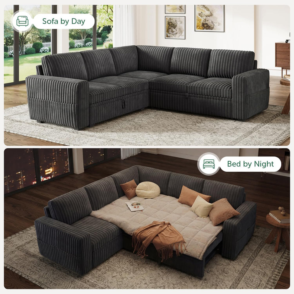 Modular Sectional Sleeper Sofa with Pull Out Bed,Corduroy L Shaped Couch with Storage, Sectional Couches ,Dark Grey