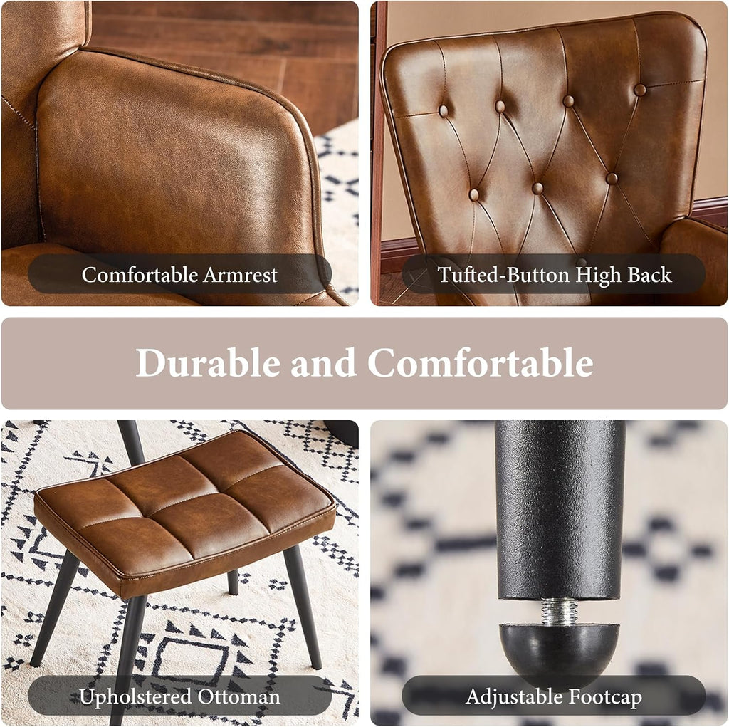 PU Leather Accent Chair with Ottoman, Upholstered Reading Chair with High Backrest, Tufted-Button Wingback Armchair