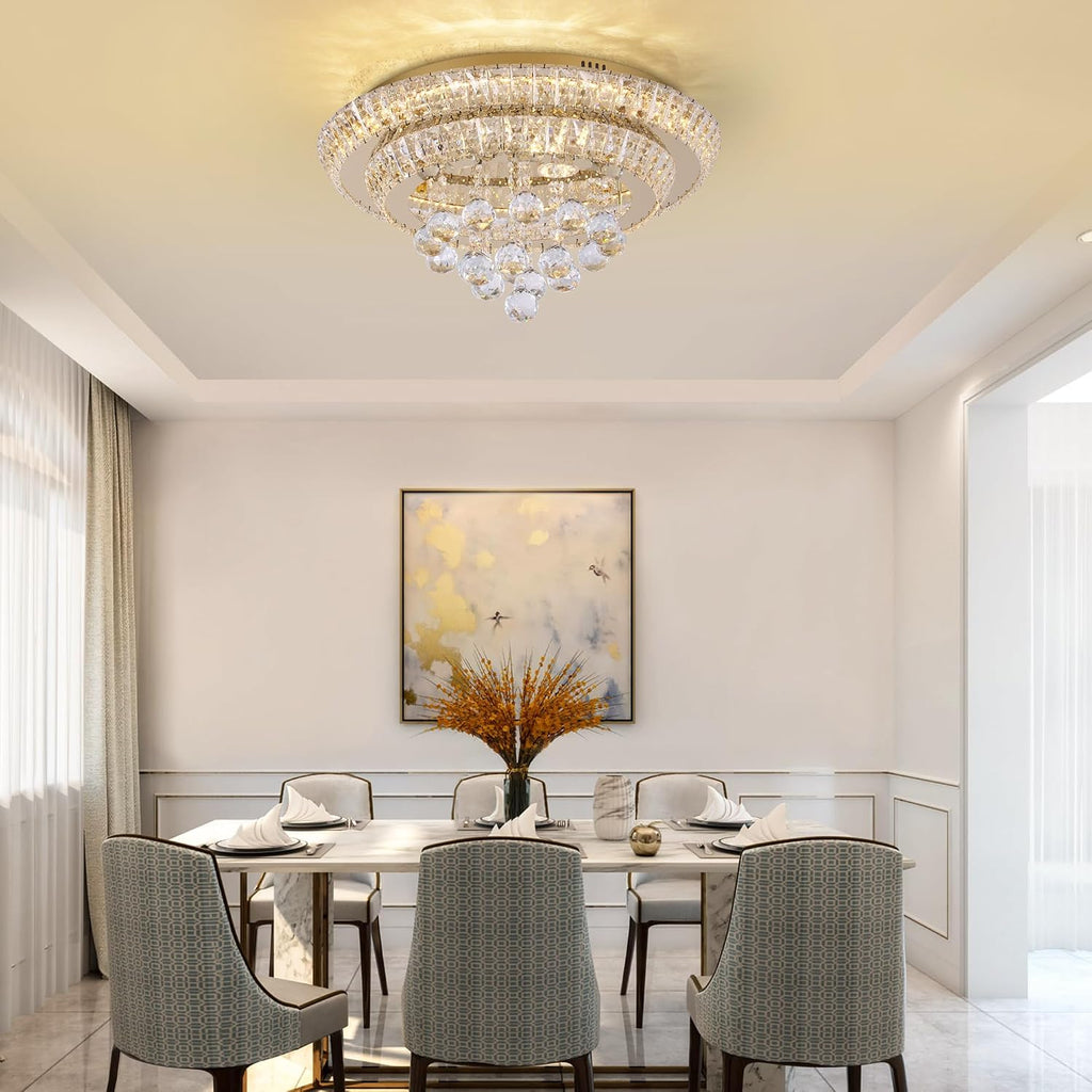 Large LED Crystal Raindrop Ceiling Light,Rose Gold, 20" Elegant Semi Flush Mount Chandelier Light Fixture with Remote